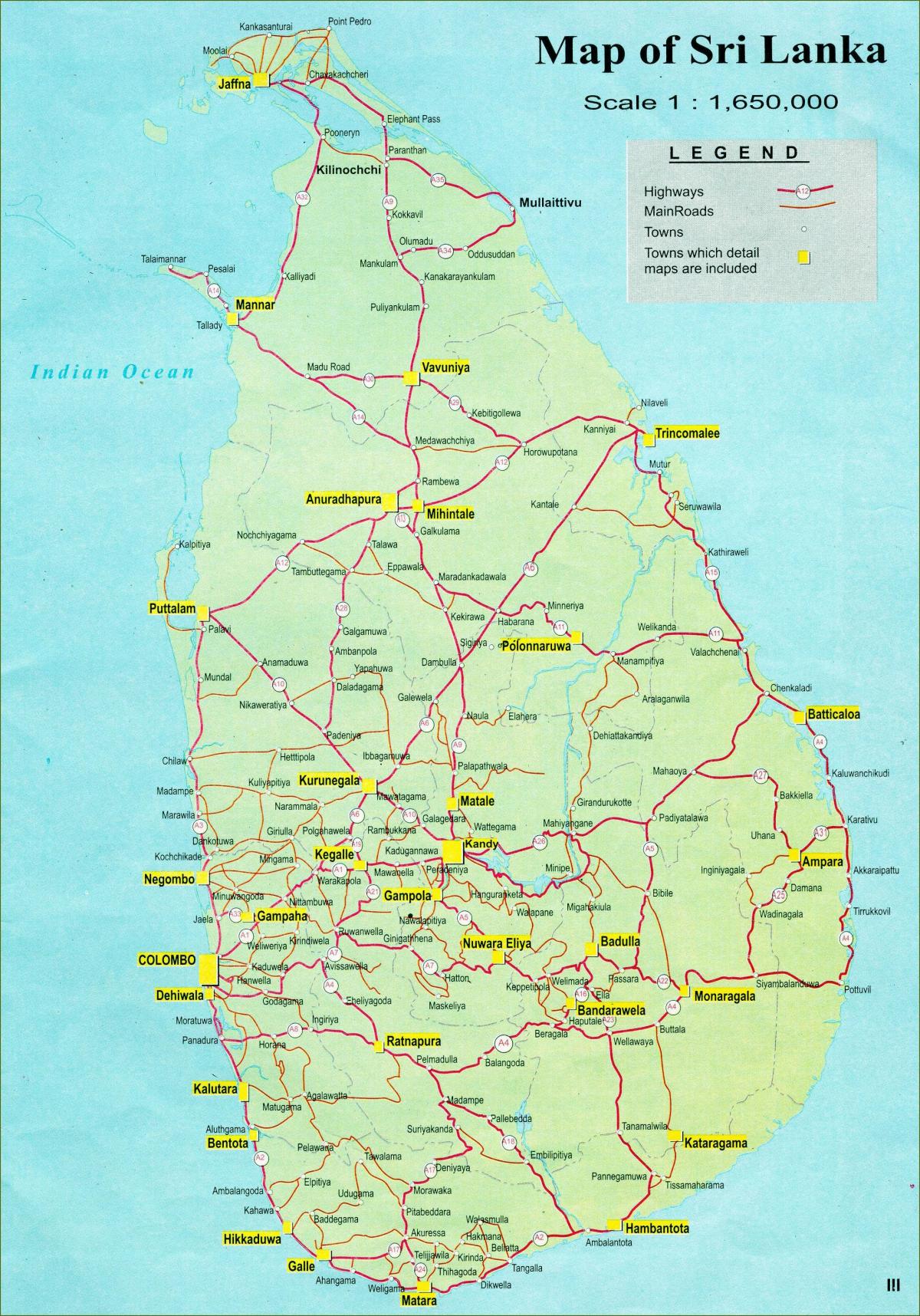 mapa de mapa turístic de Sri Lanka, amb carretera