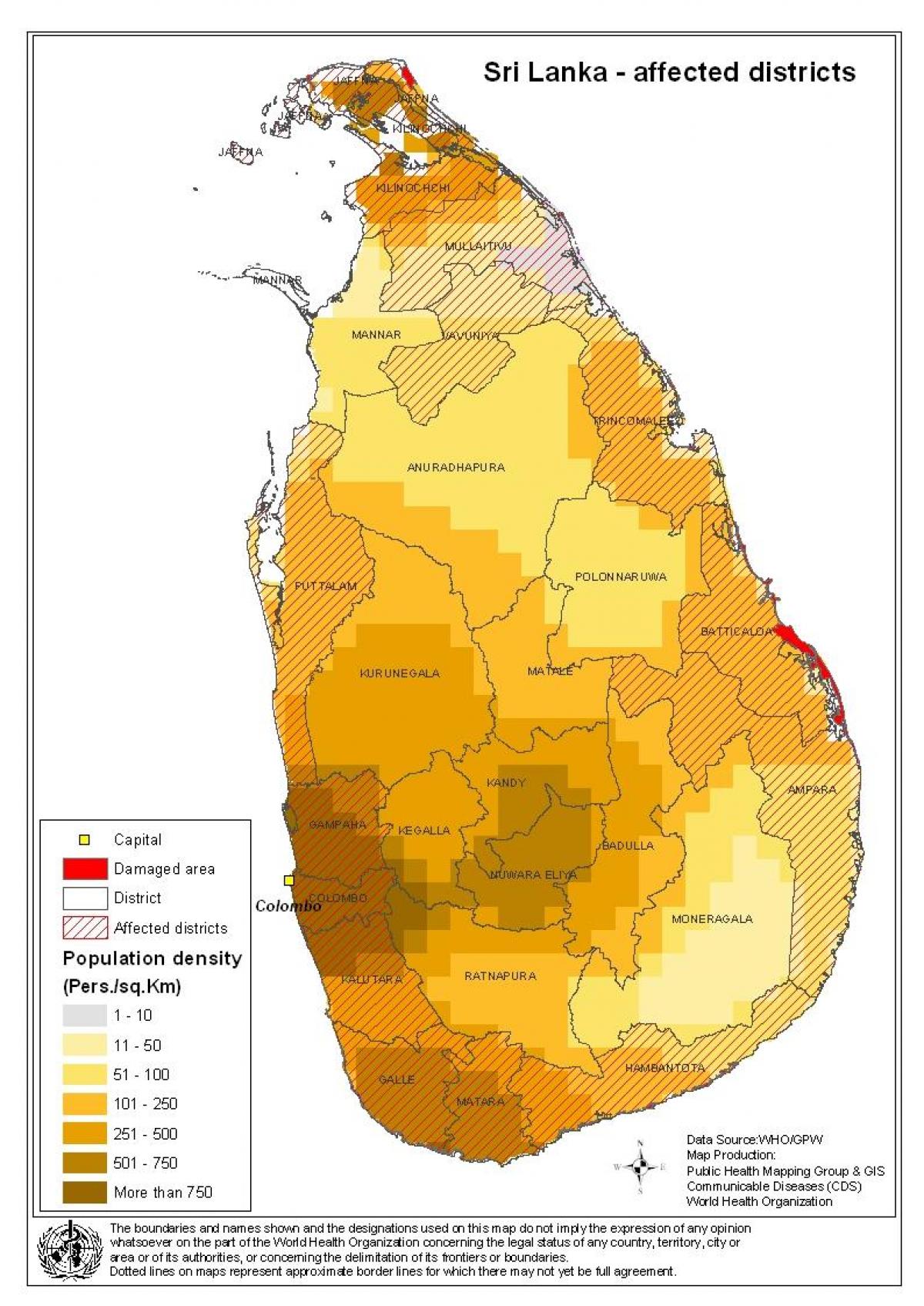 mapa de Sri Lanka densitat de població