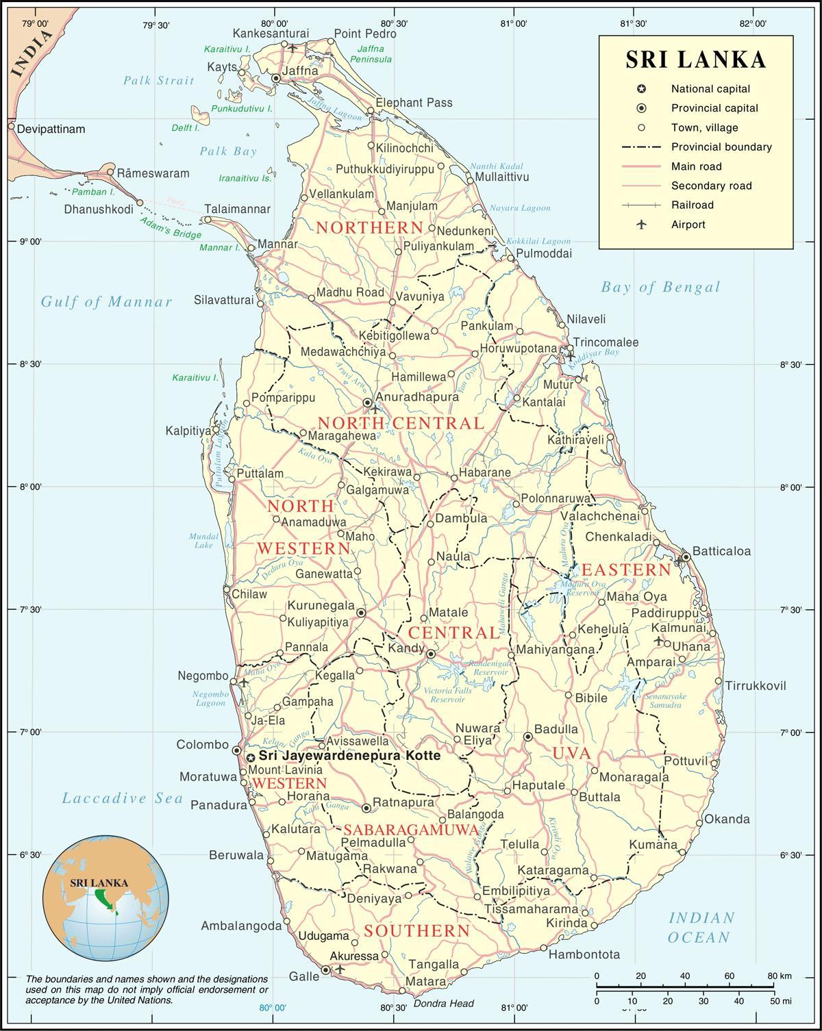 Sri Lanka mapa de carreteres distància calculadora