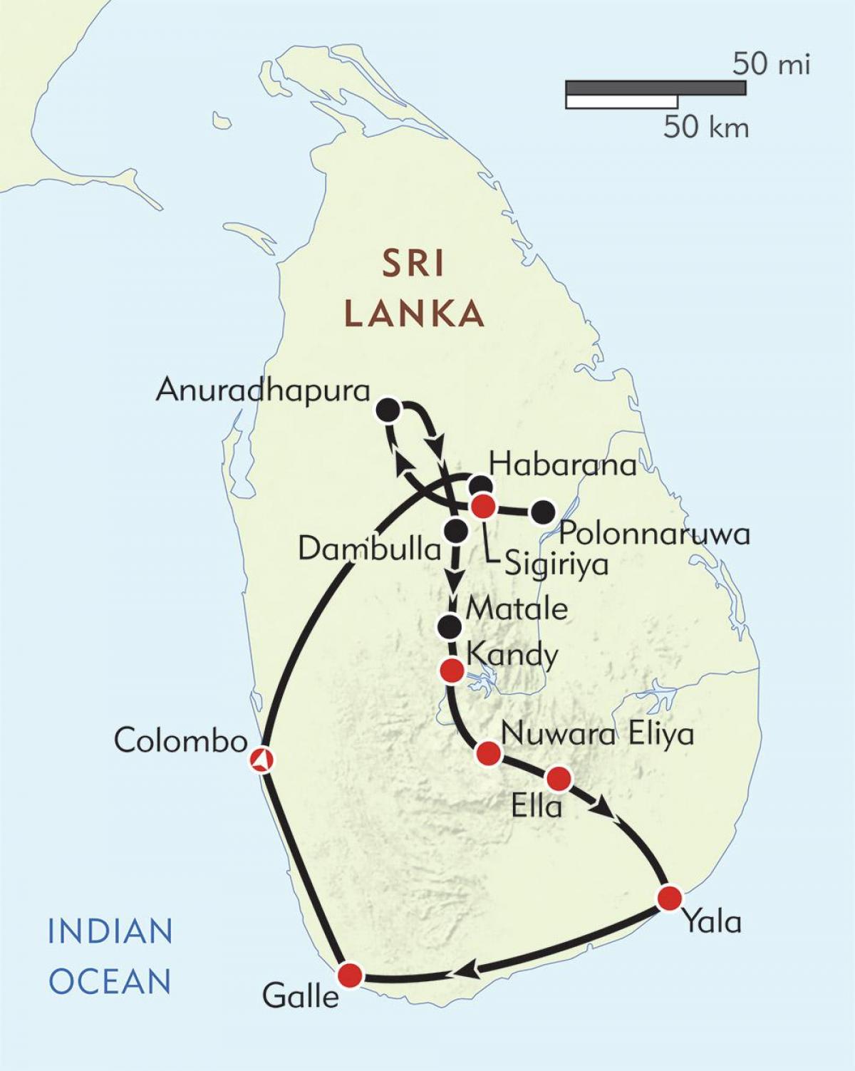 mapa de Sri Lanka itinerari