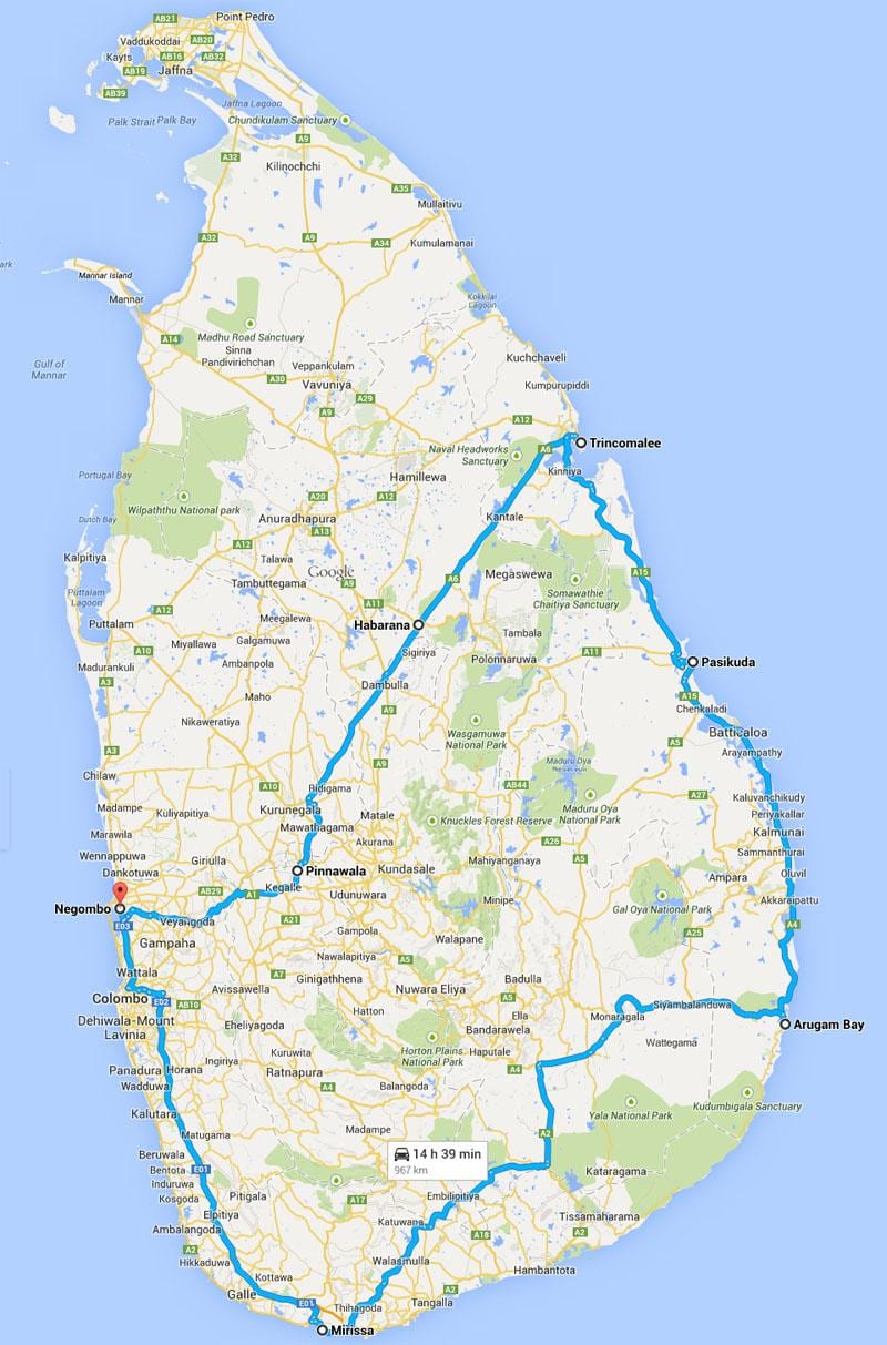 Sri Lanka millors platges mapa