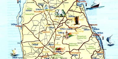 Mapa turístic de Sri Lanka, amb les ciutats
